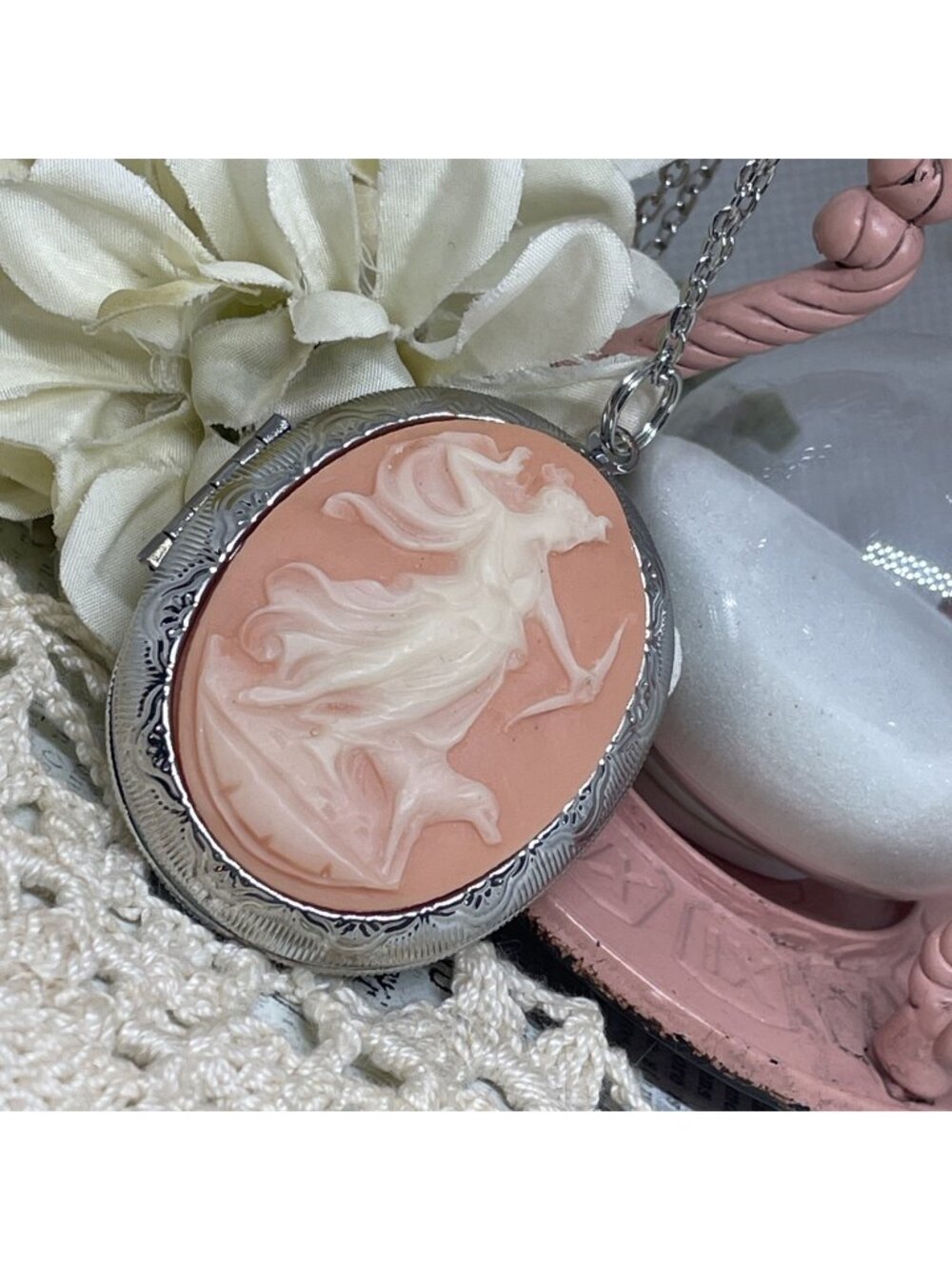 Peach Silver Anniversary gift birthday Aphrodite Roman ARTEMIS Locket Necklace